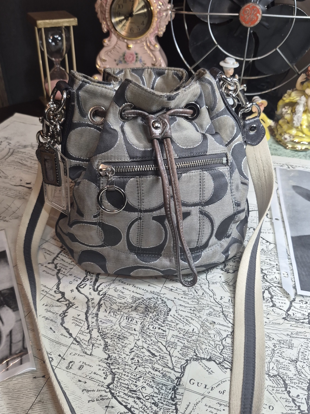 Coach Gray Signature Drawstring Bucket Bag with Ivory-Stripe Shoulder Strap